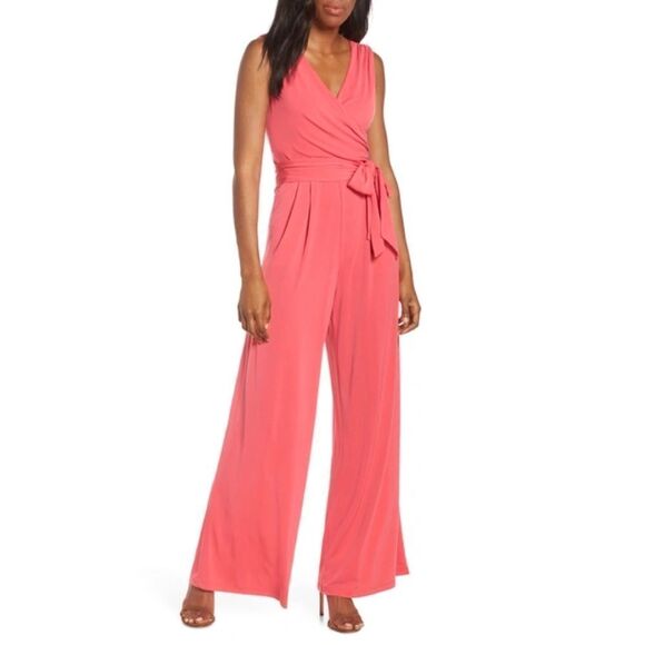 Eliza J Faux Wrap Wide Leg Sleeveless Jumpsuit In Strawberry Pink Size M NWT - Picture 1 of 6